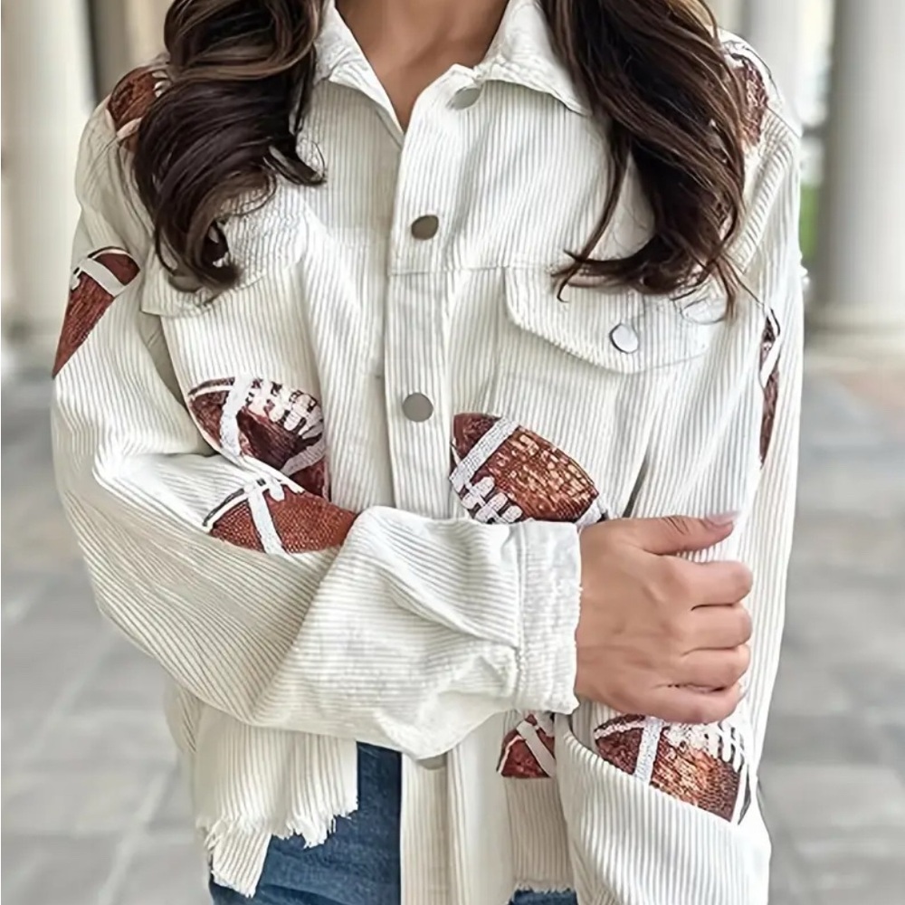 White Corduroy Jacket with Football Sequins accents